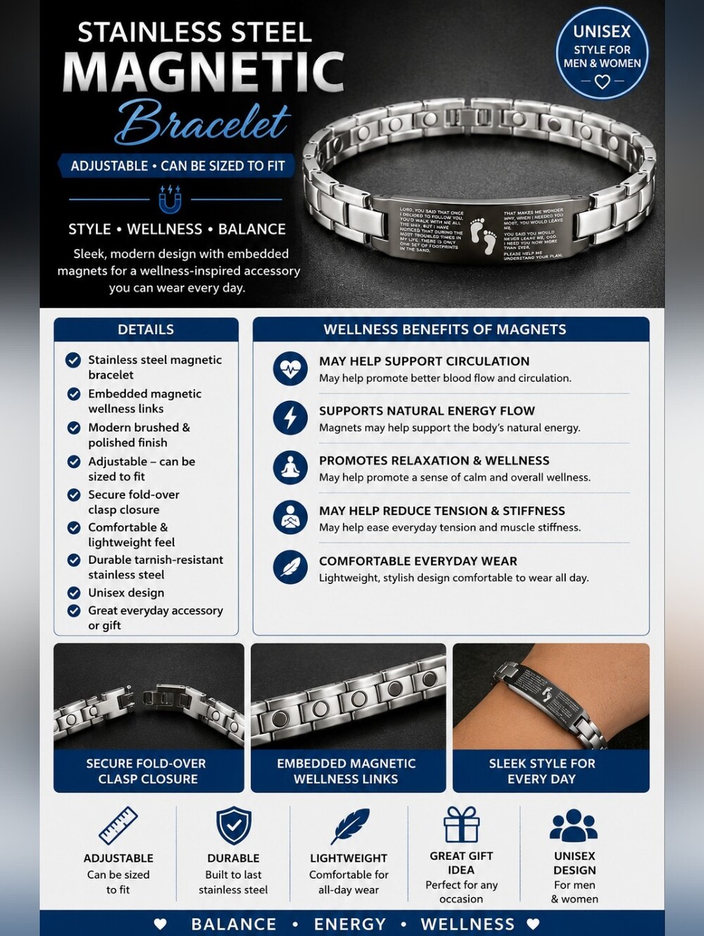 Magnetic Stainless Steel  Silver Adjustable Wellness Bracelet